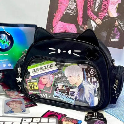 JIAERDI Kawaii Cat Ita Bag Lolita Y2K Backpack Female Cute PU Shoulder Bag Girl Transparent Pocket Harajuku Crossbody Bag Women