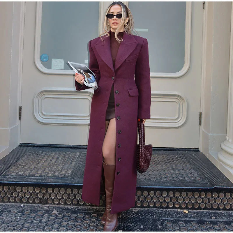 Woolen Burgundy Long Blazer Coat Women Single Breasted Notched Loose Long Sleeve Shoulder Pads Thicken Suit Jacket Female Office