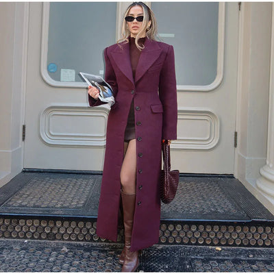 Woolen Burgundy Long Blazer Coat Women Single Breasted Notched Loose Long Sleeve Shoulder Pads Thicken Suit Jacket Female Office