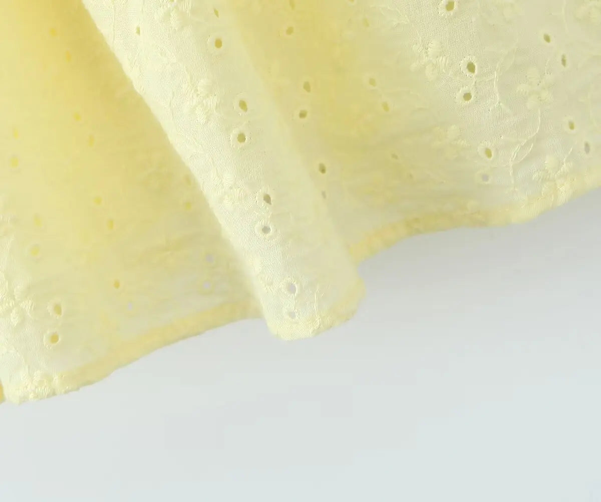 2024 Sexy Yellow Hollow out Embroidery Lace Cotton Corset Style Bow Sling Dress Women Low Waist Ball Gown Swing Mini Party Robe