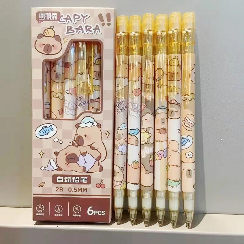 6Pcs/Set Cute Mechanical Pencils 0.5mm 2B Capybara Cartoon Auto Pencil with Eraser for Kids Students School Writing Supplies