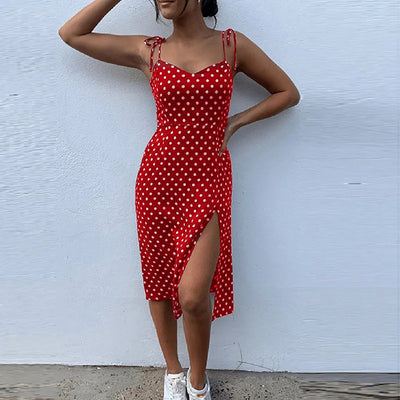 Dresses 2024 Sundress Summer Women Causal Polka Dot Sleeveless High Pleated elastic waist V-Neck Beach Dress Vestidos De Verano