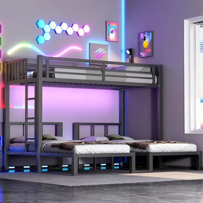 Triple Bunk Bed with LED Lights,Metal Bunk Beds Convertible to 3 Beds with Charging Station,Heavy Duty Bunk Bed Frame
