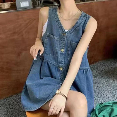 Women's sleeveless halter dress  Summer Single Breasted Pocket Denim Dress  Women's Korean loose A-line mini dresses