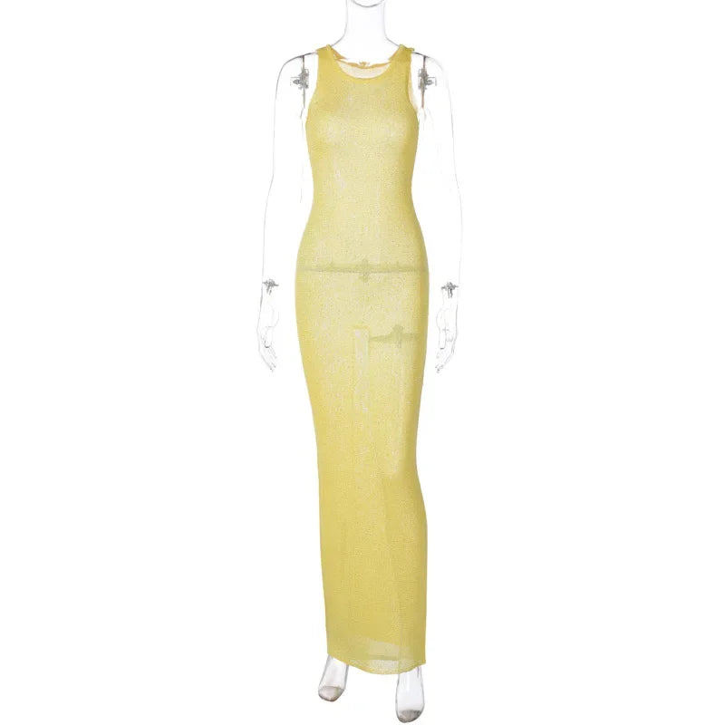TARUXY Sexy See Through Sequins Maxi Dress For Women Beach Holiday Dress Sleeveless Elegant High Waist Bodycon Hot Girl Outfits