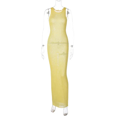 TARUXY Sexy See Through Sequins Maxi Dress For Women Beach Holiday Dress Sleeveless Elegant High Waist Bodycon Hot Girl Outfits