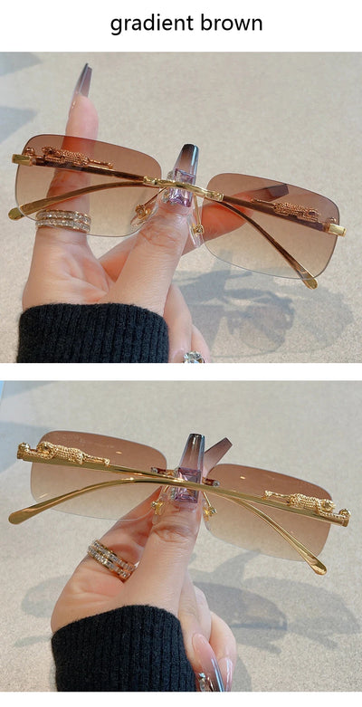 12pcs Brand Leopard Rimless Rectangle Sunglasses Fashion Y2K Frameless Sun Glasses Shades for Women Men UV400