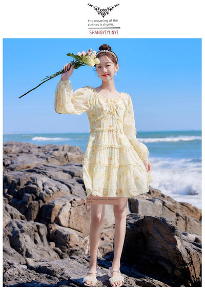 2025 Spring New Arrival Women's Spring Floral Dress Silm Fashion Waist-Controlled Long Sleeves Seaside Vacation Chiffon Skirt