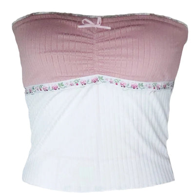 Xingqing y2k Off Shoulder Top Women Fairy Grunge Clothes Summer Sleeveless Lace Trim Patchwork Strapless Tshirt 2000s Streetwear