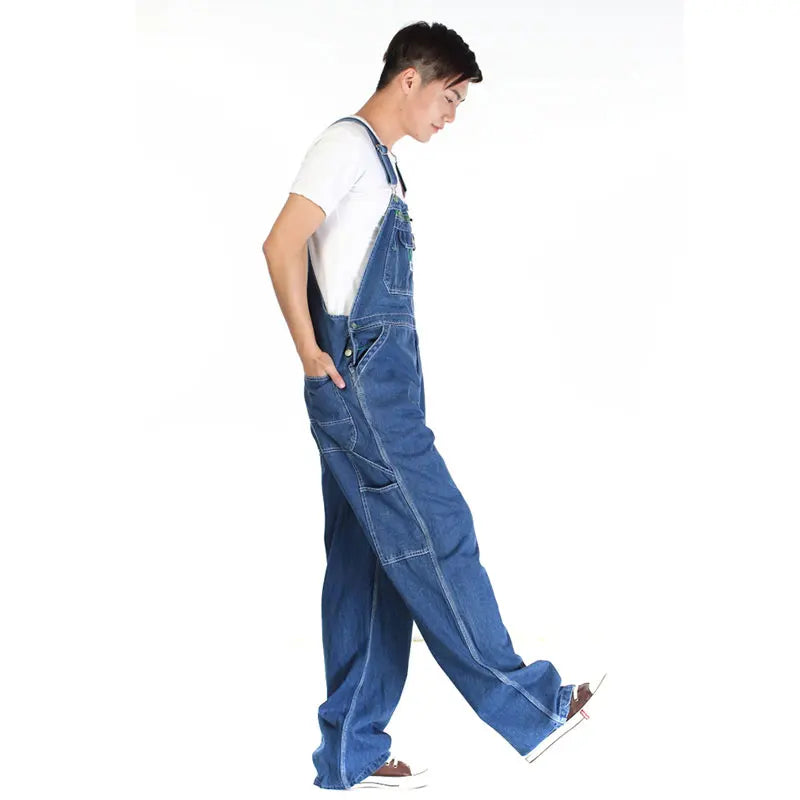 Men's Overalls Jumpsuit Large Size Strap Straight Blue Jeans With 7 Pockets