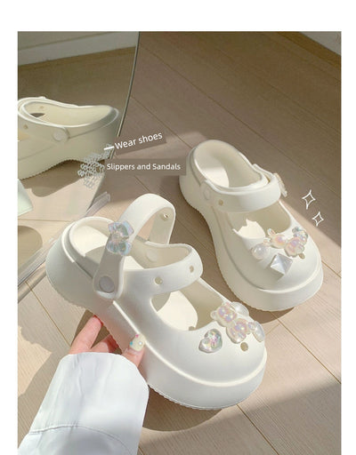 Thin Strip Sweet Rhinestone Mary Jane Sandals Fairy Style Fashion Summer Outwear Holiday Sandals Hole Shoes