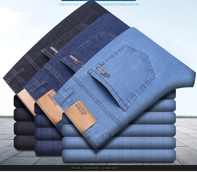 Spring/summer Thin Denim Straight Cotton Stretch Jeans Men Business Casual Cloth High Waist Ice Silk Lightweight Trousers