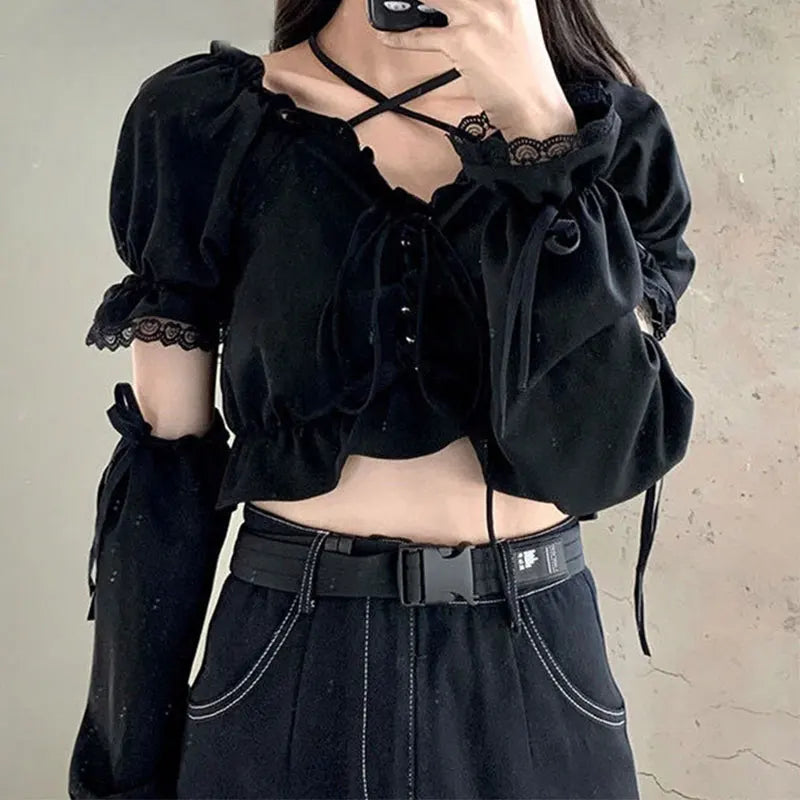 Women's Removable Sleeve T-shirt Drawstring Off Shoulder Crop Top Vintage Shirt Dark Style Harajuku Goth Tee Spring Y2k