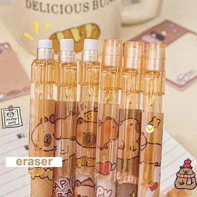 6Pcs/Set Cute Mechanical Pencils 0.5mm 2B Capybara Cartoon Auto Pencil with Eraser for Kids Students School Writing Supplies