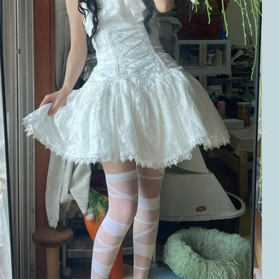 2025 Lolita Subculture Black White Short SK Lace Skirt High Waist Lace Up Girls Birthday Gothic Victorian Cosplay Party Skirts
