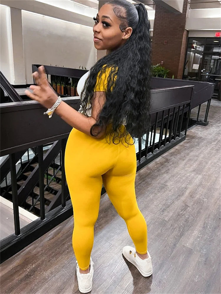 Weird Puss Casual Sporty 2 Piece Set Women Contrast Patchwork Short Sleeve T-Shirts+Skinny Stretch Sweatpants Simple Tracksuits