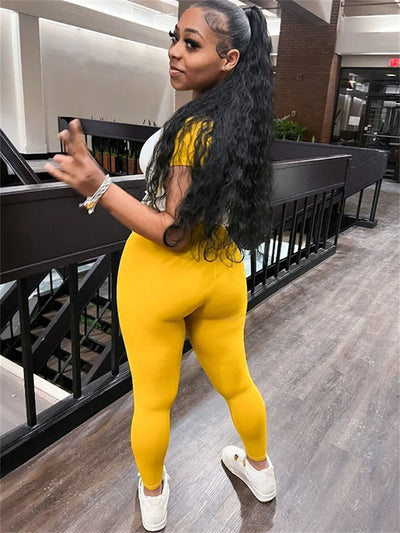 Weird Puss Casual Sporty 2 Piece Set Women Contrast Patchwork Short Sleeve T-Shirts+Skinny Stretch Sweatpants Simple Tracksuits
