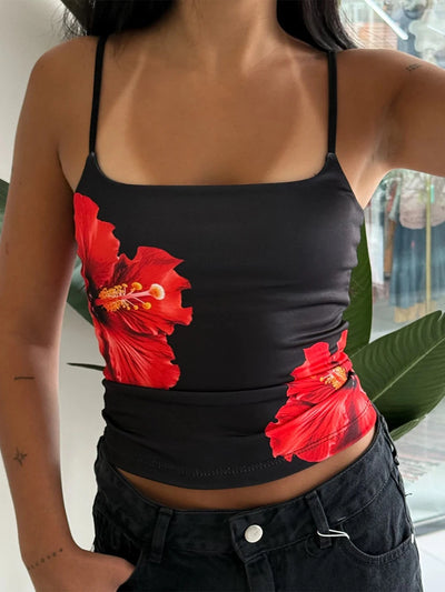 Y2K Aesthetic Women Floral Print Tanks Fairy Grunge Sleeveless Spaghetti Strap Slim Fits Camisole Mini Chic Vest Streetwear ﻿