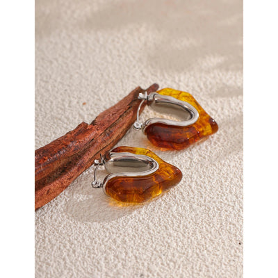 Yhpup Fashion Amber Resin Geometry Hoop Earrings Trendy Stainless Steel 18K PVD Plated Jewelry Accessories Gift