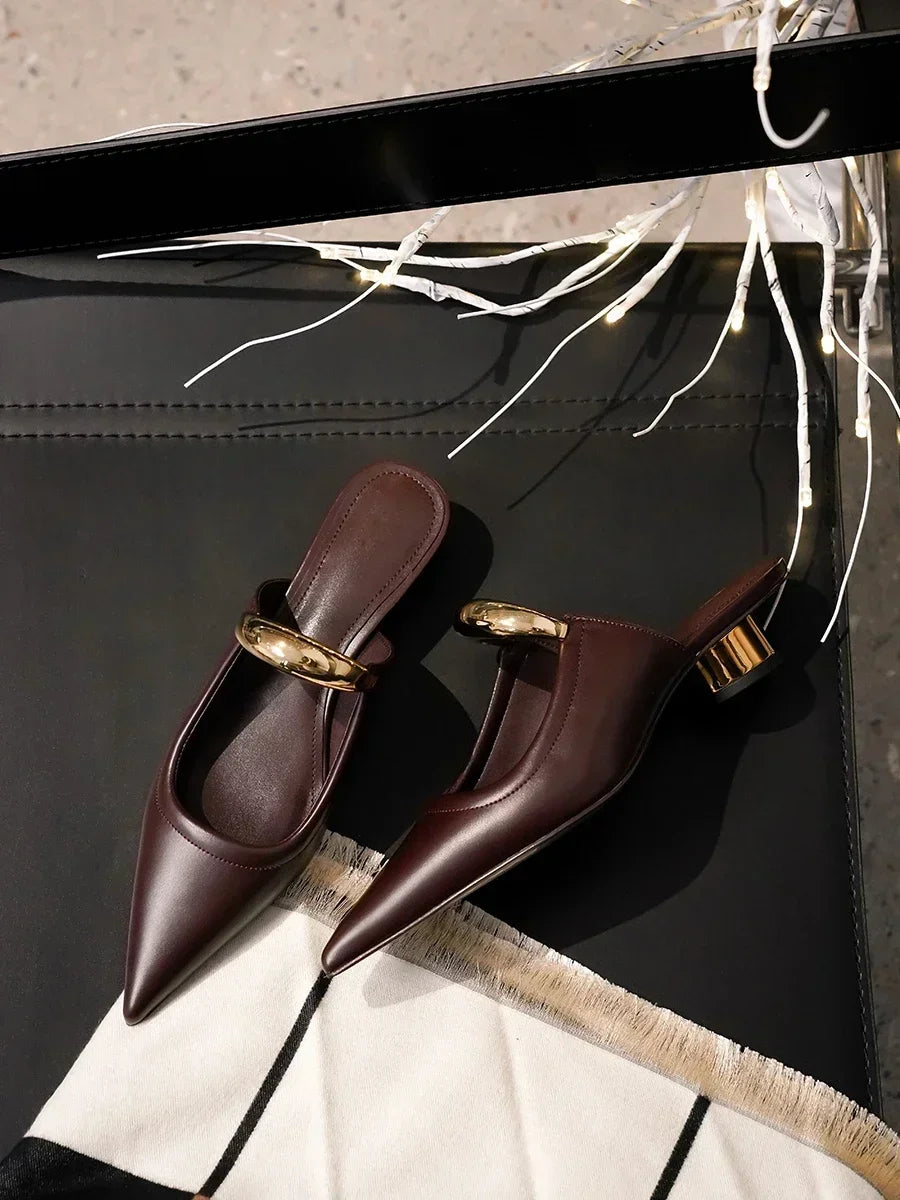 Punk Gothic Metal Buckle Low Heels Sandals Women 2025 New Pointed Toe Thick Heeled Summer Slippers Woman Platform Muller Shoes