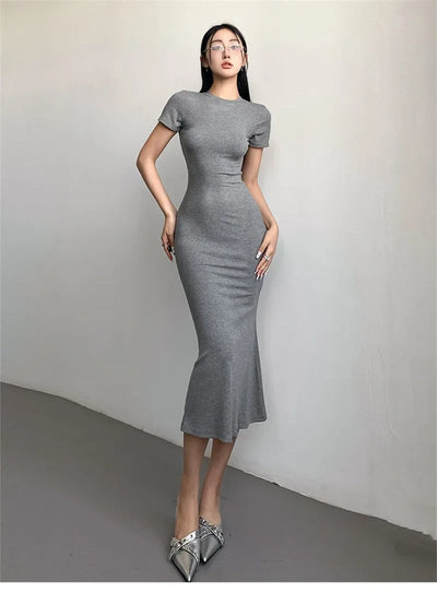 Women's Sexy Slim Fishtail Dresses Temperament Long Dress Short-sleeved Pure Desire To Show Figure Tight Beautiful Hip Skirt