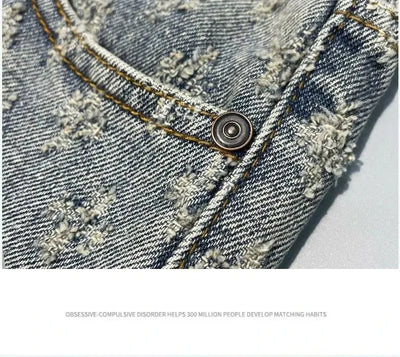 American Y2K Light Luxury Quality Retro Denim Shorts Summer Hip Hop INS Men Loose Shave Jacquard Couple Denim Five Point Pants