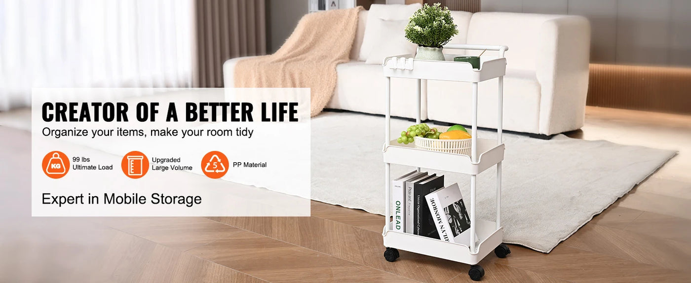 3-Tier Rolling Utility Cart Kitchen Cart with Lockable Wheels Multi-Functional Storage Trolley with Handle Movable