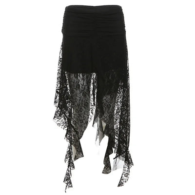 Y2K Goth Dark Irregular Hem Lace Patchwork Mid Skirts Women Streetwear Fairy Slim Pleat A-line Skirt Mall Goth Fashion Bottoms