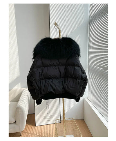 Fashionable Women's Winter Down Jacket Cropped Fox Fur Collar High End 90% White Duck Feather Coat Thick Long Sleeves