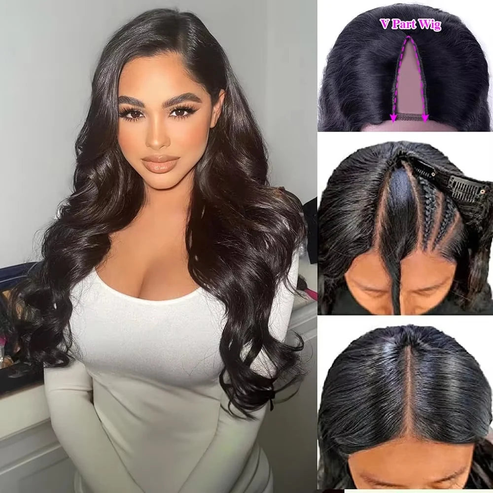 200 Density Body Wave V Part Wigs Human Hair Wig Machine Made Wig V Part Human Hair Wigs For Black women 12-32 Inch On Sale