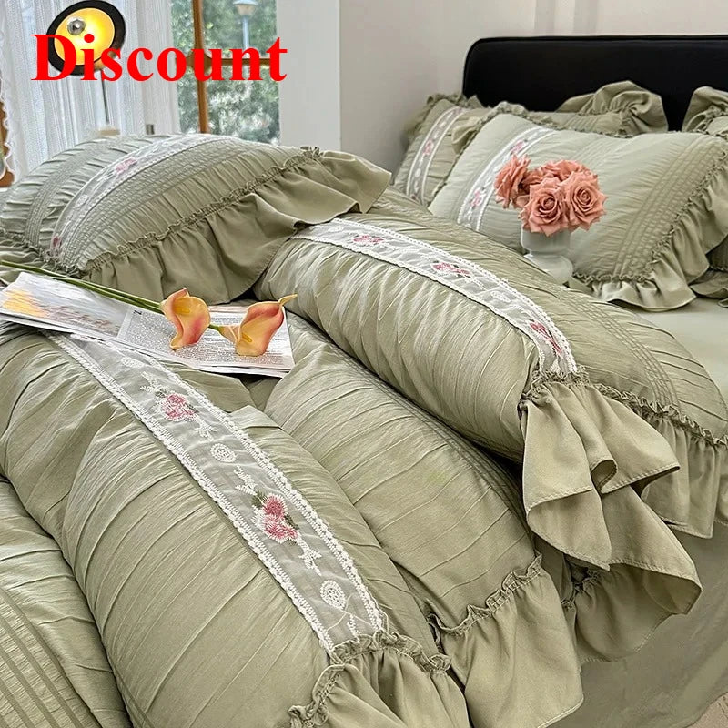2025 Korean Princess Style Lace Ruffles Wedding Bedding Set Washed Cotton Soft Duvet Cover Set Bed Sheet Pillowcase 3/4Pcs