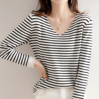 New Striped V-neck Sweater Women's All-Match Loose Sweater Fall Winter Fashion Bottoming Shirt Inner Wear Blouse