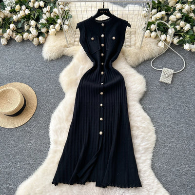 Women's Round Neck Sleeveless Dress Single-breasted Chic Elasticated Waist Slim Long Skirt   New High Quality Knitted Dress