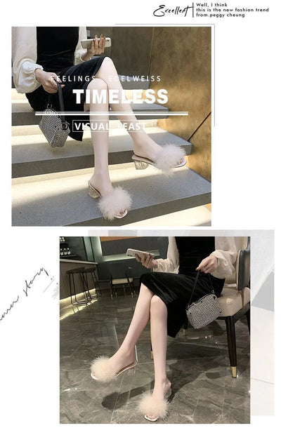 Mules Sandal Women Summer Outdoor Fashion Slippers Square Toe High Heels Office Ladies Feather Slides Chic Classics Furry Shoes