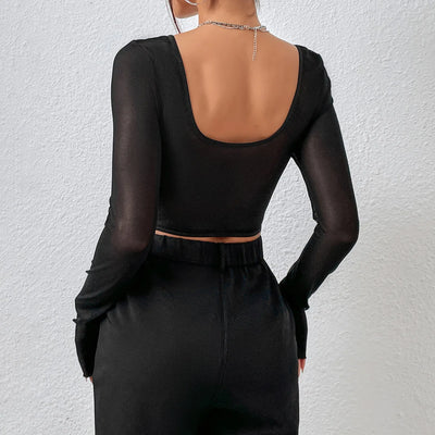 Sexy Lace Mesh Long sleeved Bustier Women's Y2k Corset Gauze Backless Slim Crop Top Square Neck Casual Tank Top T-shirt Camisole