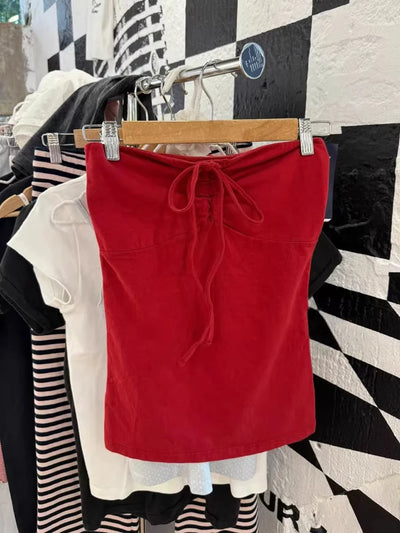 Solid Cotton Drawstring Strapless Tank Tops Women Streetwear Side Split Slim Cropped Vest Summer Sweet Vintage Chic Camis Y2K