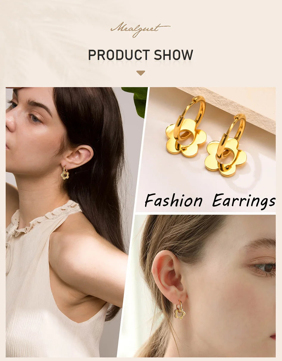 Gold Color Flower Earrings, Stainless Steel Huggie Hoop Earrings, Hypoallergenic Retro Style Bohe Ear Jewelry