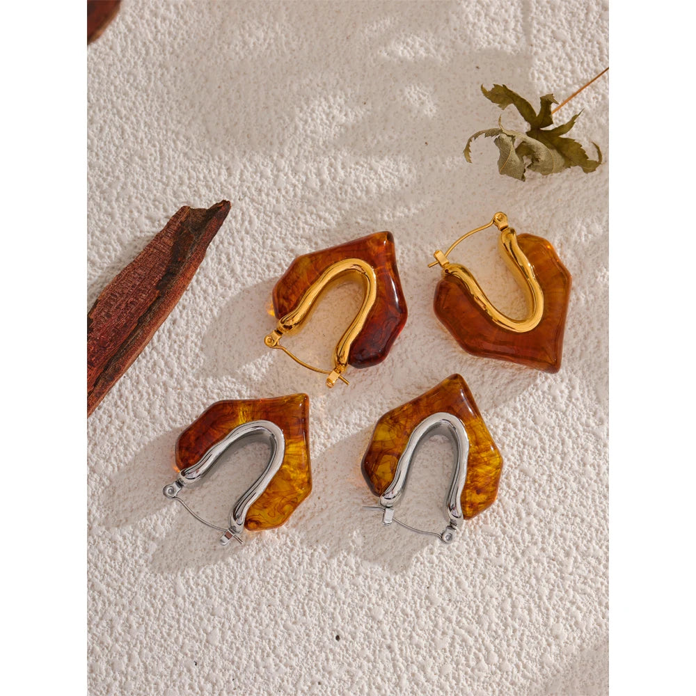 Yhpup Fashion Amber Resin Geometry Hoop Earrings Trendy Stainless Steel 18K PVD Plated Jewelry Accessories Gift