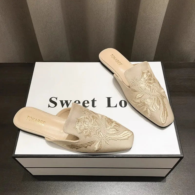Women's Mules Slippers Summer Footwear Flats Retro Chinese Style Flowers Elegant Dress Low Heel Sandals Designer Slides on sales