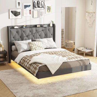 Vabches Floating Queen Bed Frame with Storage Headboard Linen Fabric Upholstered Platform Bed Frame with LED Light&Power Outlet