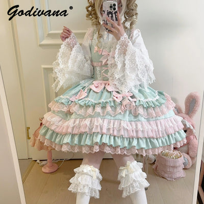 Original Lolita Dress Set Doll Feeling Girl Women's Sweet Jsk Suspender Dress Princess Fairy Lace Bow Sling Cake Dresses
