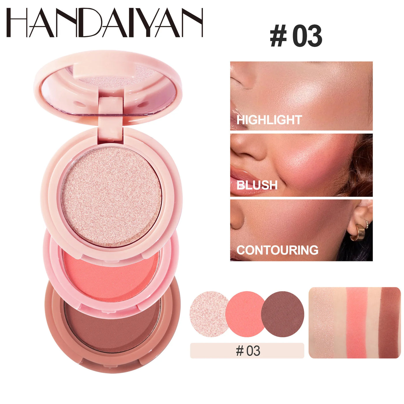 3-In-1 Face Bronzer Highlighter Makeup Palette Matte Pearlescent Blush Contouring Shadow Brighten Three-layer All-in-one Palette