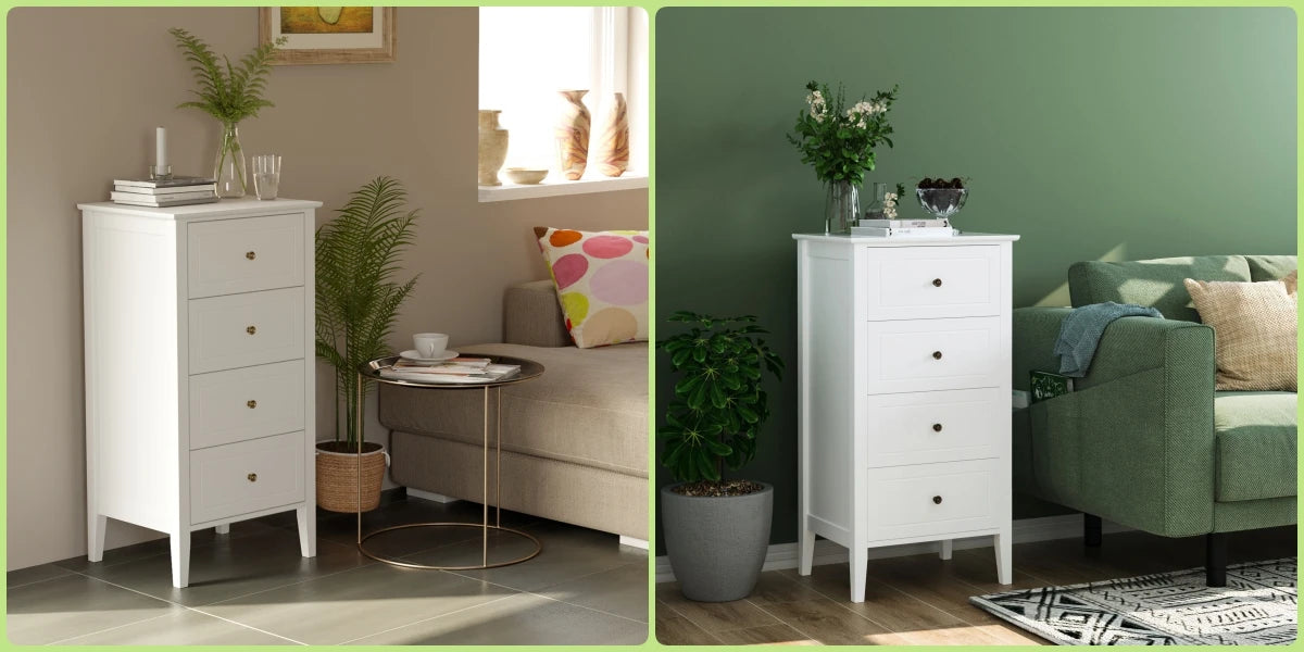 Small Chest of Drawers, Bedroom Storage Cabinet, White Bedside Table, Wooden 50x40x95cm