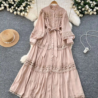 Elegant Long Maxi Hollow Out Dress Shirt Women Summer Autumn Palace Retro Pearl Button Embroidery Crochet Evening Party Vestidos