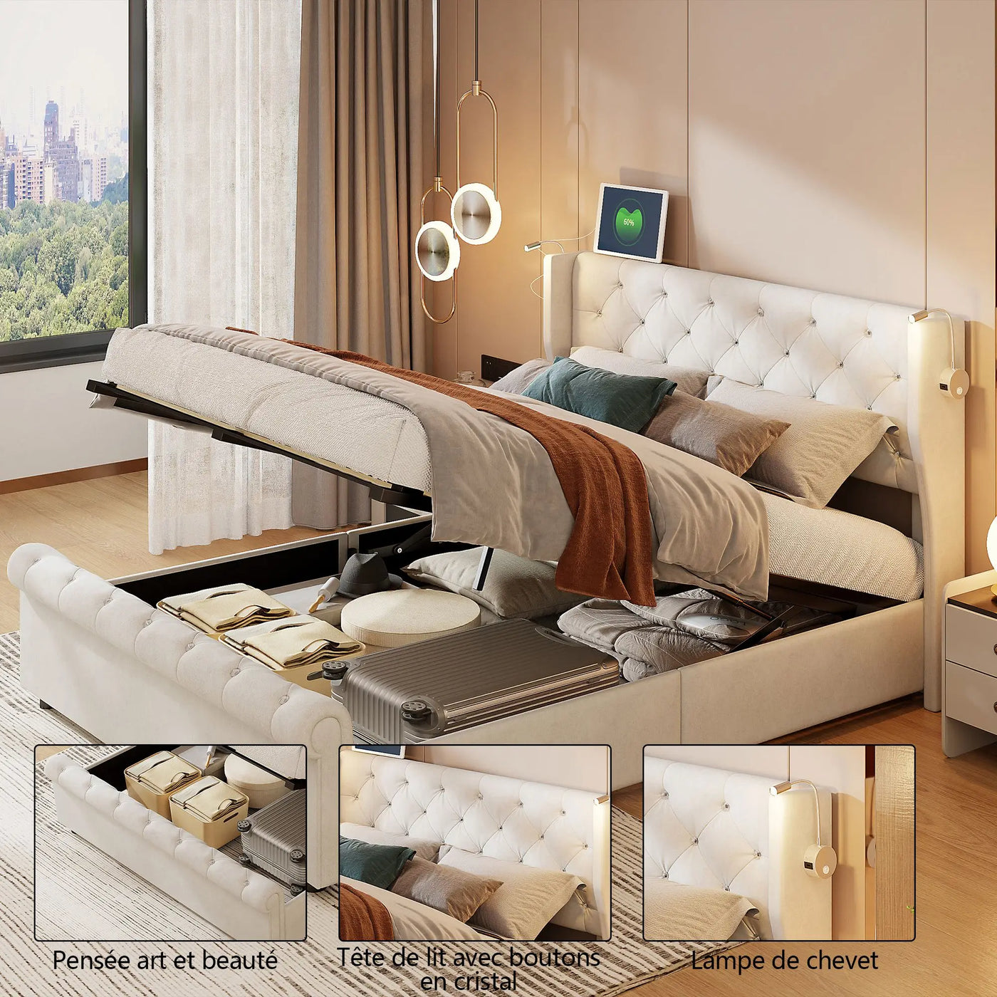 Double bed, 140x190 cm, equipped with LED strip and USB port, with a hydraulic storage chest, velvet fabric