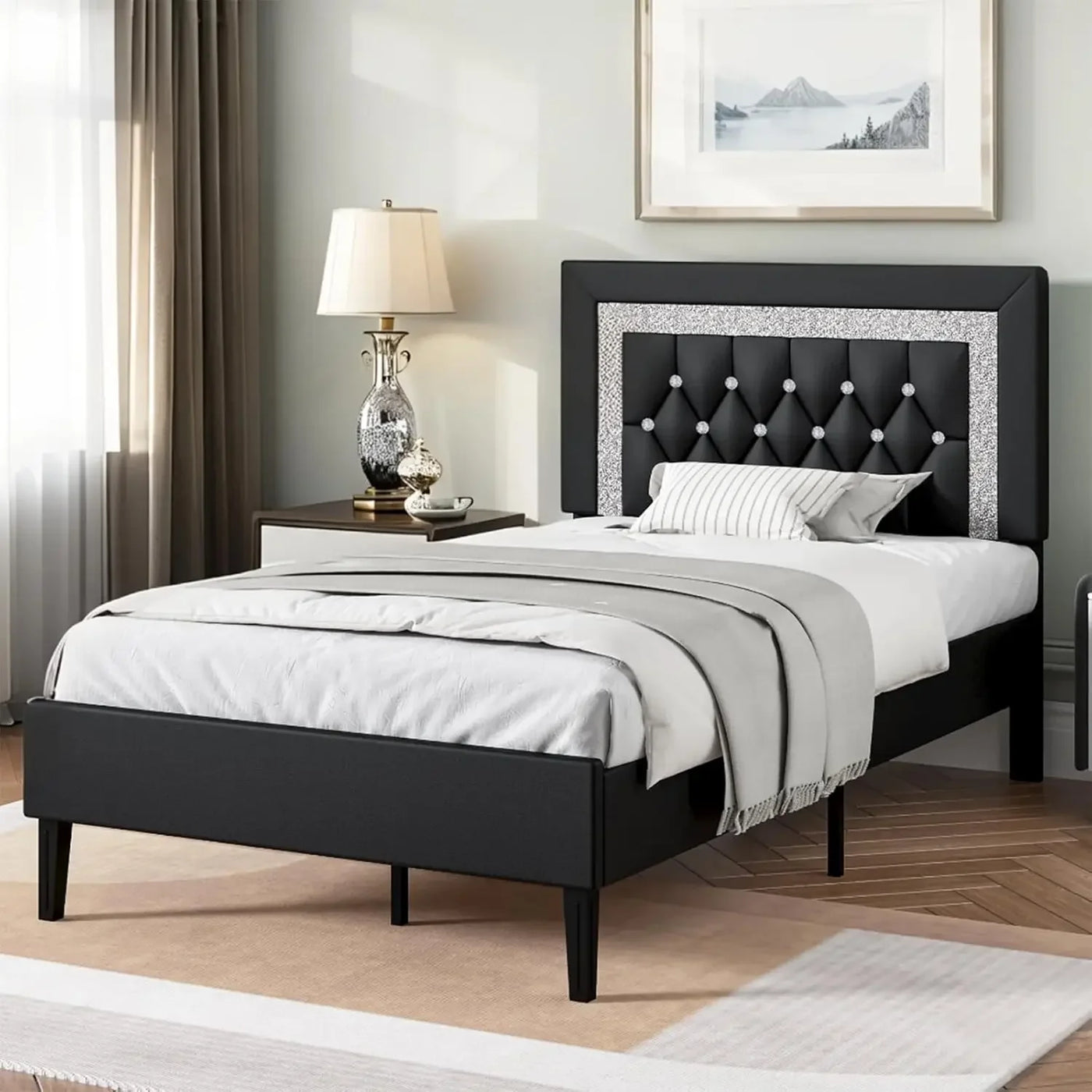 Frame with Tufted Button Headboard, Upholstered Platform Bed Frame with Diamond Design, Wood Slat Support