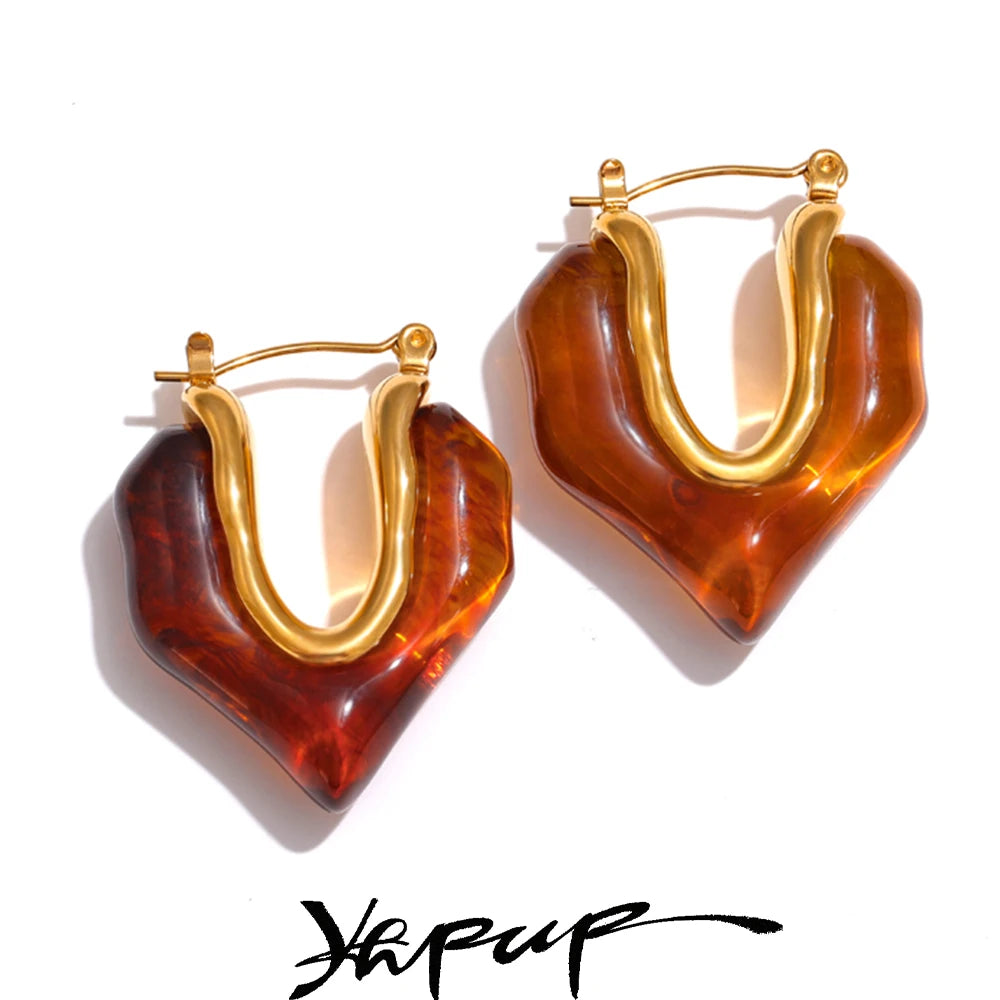 Yhpup Fashion Amber Resin Geometry Hoop Earrings Trendy Stainless Steel 18K PVD Plated Jewelry Accessories Gift