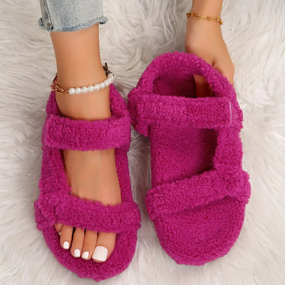 Lightweight Comfortable Sandals Woman Winter Warm Plush Sandals Ladies Brand Design Thick Sole Teddy Fur Outdoor Slipper Shoes