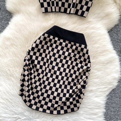 2025 New Vacation Style Plaid Suits Women Strapless Hotsweet Mini Tops+High Waist Bodycon Skirt Fashion Casual Knitted Sets