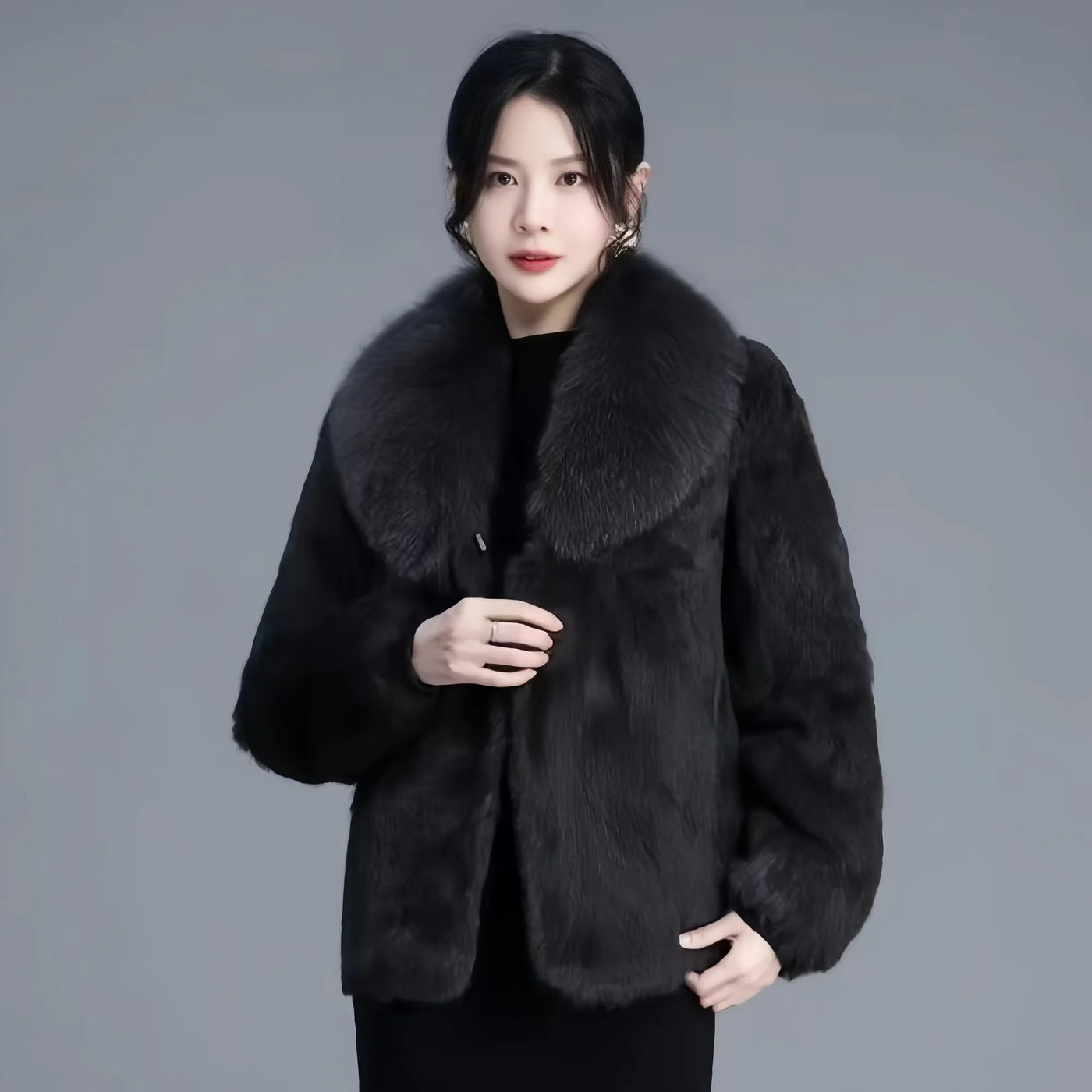 Real Rabbit Fur Coat Women Autumn Winter Short Jacket Thick Warm New Fashion Fox Fur Collar Elegant Female Warm Outerwear